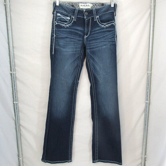 Ariat Real Denim Women 28R Marine Mid Rise Bootcut Embroidered Pocket Blue Jeans - Picture 1 of 11